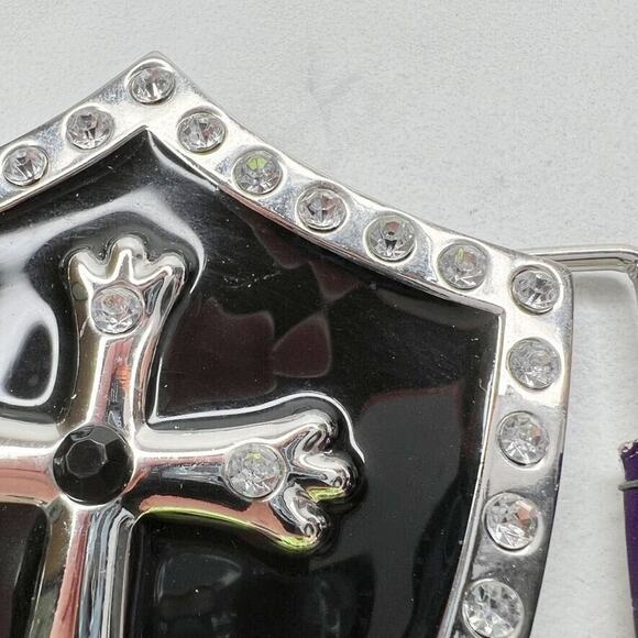 Rhinestone Cross Shield Black Silver Belt Buckle Western Gothic Statement ✨ - Picture 8 of 12